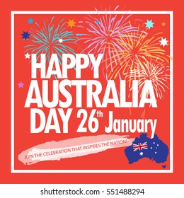 Happy Australia Day 26th January Greeting card. Holiday vector illustration with Australia map, flag and fireworks on red background. Festive Australian Holidays poster Celebration Advertising Print