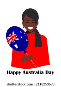 Feliz Día de Australia. La belleza afroamericana sonríe y sostiene un globo con la imagen de la bandera en la mano. Fiesta nacional oficial. Vector.