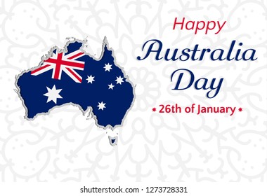 Happy Australia day background or greeting card, festive vector illustration, australia independence day. map with flag of australia