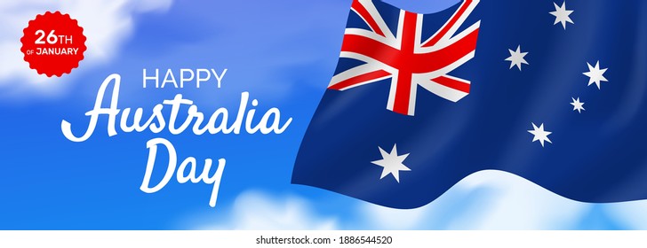 Happy Australia Day Banner Design Australian Flag On Sky Background