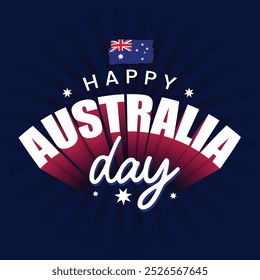 Happy Australia Day banner design with curved text and waving Australian flag isolated on blue background. Editable typography logo to celebrate Independence Day of Australia. Stars vector. 