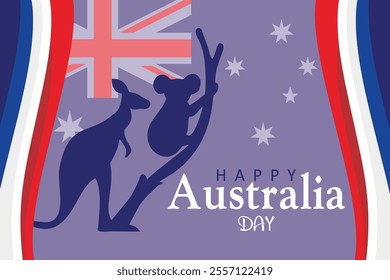 Happy Australia Day. Happy Australia banner design with koala and kangaroo silhouette and Australia flag. Vector Illustration