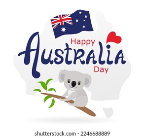 Happy Australia Day banner. Greeting card with cute Koala bear and Flag of Australia. Vector cartoon flat illustration.