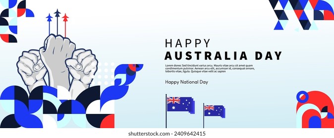 Happy Australia Day banner in modern geometric style with dominant color blue. National Holiday greeting card cover with typography. Vector illustration for celebration day and independence party.