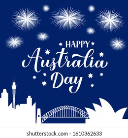 Happy Australia day calligraphy hand lettering. Sidney city skyline and fireworks in the night sky. Vector template for banner, typography poster, greeting card, flyer, t-shirt, postcard, etc.
