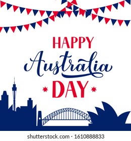 Happy Australia day calligraphy hand lettering. Sidney city skyline background. Vector template for banner, typography poster, greeting card, flyer, t-shirt, postcard, etc.