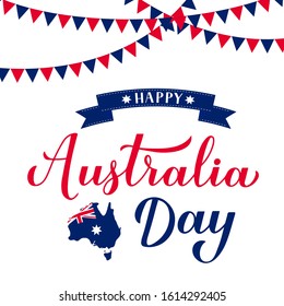 Happy Australia day calligraphy hand lettering with Australian map and flag isolated on white background. Easy to edit vector template for banner, typography poster, greeting card, flyer, sticker.