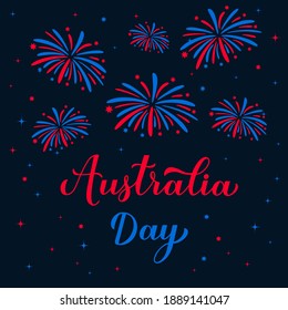 Happy Australia day calligraphy hand lettering. Fireworks in the night sky. Vector template for banner, typography poster, greeting card, flyer, t shirt, postcard, etc.