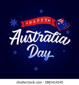 Happy Australia Day calligraphy and heart with flag banner. Vector illustration for 26th January Australia day lettering greeting card with national flag colors background