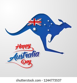 Happy Australia Day calligraphy lettering with blue kangaroo. vector illustration. paper art style