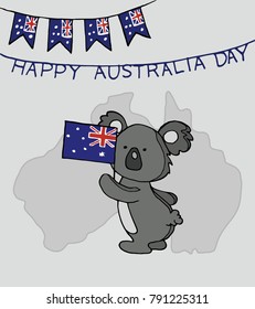 Happy Australia Day card with national flag garland and coala on a drey background.  Suitable for Greeting card, poster and banner. Vector Illustration. 