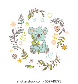 Happy Australia Day with a cartoon koala. Celebratory background with flowers and leaves. layout design template for cards, banner, poster, flyer. Tipografiya vector illustration.