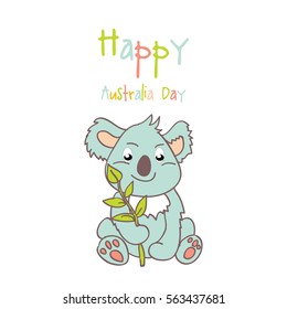 Happy Australia Day with a cartoon koala. Celebratory background with flowers and leaves. layout design template for cards, banner, poster, flyer. Tipografiya vector illustration.