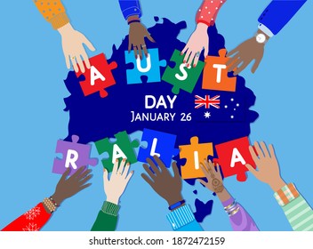 Happy Australia Day Celebration On January 26, Vector Banner. Diverse Skin Colors Male, Female Hands Holding Puzzle Pieces On The Australian Map, Flag Background. Multi Ethnic Group Of People, Togetherness