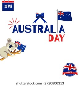 Concepto del Día de Australia feliz con un koala apoyado en una bandera nacional con banderines patrióticos y Elementos de texto de celebración para diseños festivos.