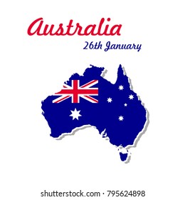 Happy Australia day concept and template. 26 january - national Australian holiday and a vacation. Map of Australia with flag. Vector illustration.