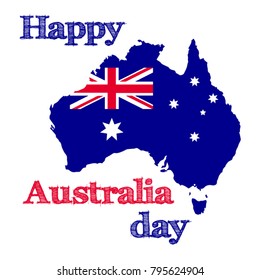 Happy Australia day concept and template. 26 january - national Australian holiday and a vacation. Map of Australia with flag. Vector illustration.