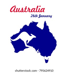 Happy Australia day concept and template. 26 january - national Australian holiday and a vacation. Map of Australia, kangaroo silhouette. Vector illustration.