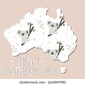 Happy Australia Day, continent, continent map with cute koalas and inscription, isolated vector. Australia holiday concept and symbols on January 26th. For printing on cards, invitations, banners.