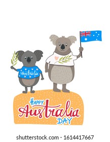 
Happy Australia Day - cute postcard with two funny koalas in T-shirts with national starry flag and eucalyptus. Red and blue country colors. Handwritten Lettering. Lovely animals -australian symbol 
