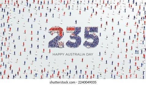 Happy Australia Day Design. A large group of people form to create the number 235 as Australia celebrates its 235th Australia Day on the 26th of January.