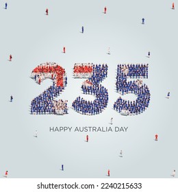 Happy Australia Day Design. A large group of people form to create the number 235 as Australia celebrates its 235th Australia Day on the 26th of January.