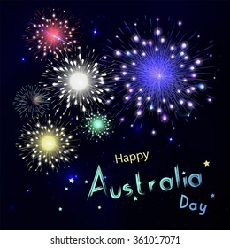 Happy Australia day with fireworks on black background. Happy holiday design in vector. Dark sky with stars and salut