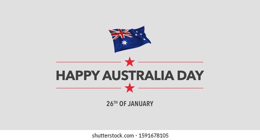 Happy Australia day greeting card, banner, vector illustration. Australian holiday 26th of January design element with waving flag as a symbol of independence 