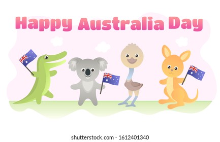 Happy Australia Day. Greeting card with cute funny australian animals. Cartoon koala bear, crocodile, ostrich  emu and kangaroo hold Australian flags. Simple vector illustration. Children's style.