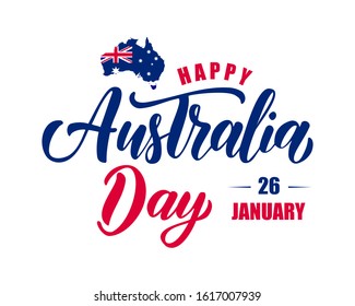 Happy Australia day hand drawn  lettering with map of Australia  and flag. Vector illustration. 