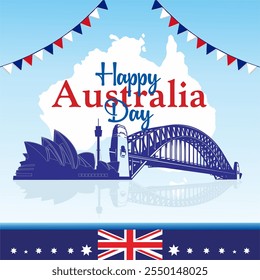 Ilustración del Día de Australia feliz con el mapa de Australia, Lugares famosos de Sydney incluyendo la Ópera, decoraciones de bunting, y la bandera australiana. Ilustración vectorial.