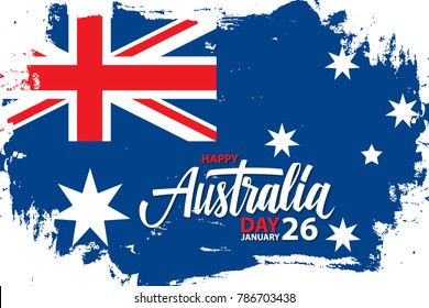 Happy Australia Day, january 26 celebrate banner with hand lettering holiday greetings and brush stroke in colors of the australian national flag. Vector Illustration.