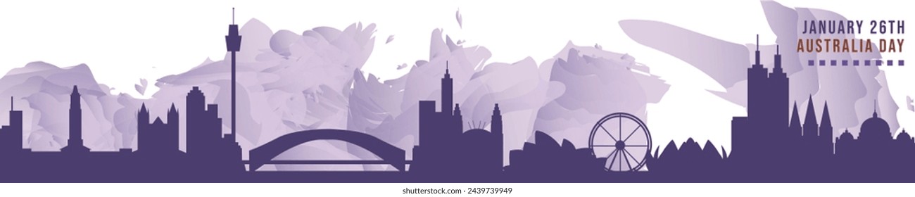 Happy Australia Day in January banner with cities skyline, panorama. Flat vector celebration graphic, layout for footer, steamer, header	