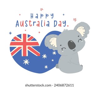 Frohe Australien Tag koala mit Fahne Herz in betrügerischem Posentier feiern australische Nation Tag Cartoon Hand Zeichnung.