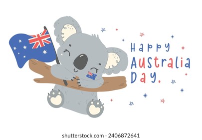 Happy Australia day koala with flag. Adorable animal celebrate Australian Nation day cartoon hand drawing. Idea for greeting card.