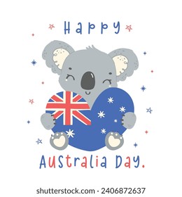 Happy Australia day koala hug flag heart in adorable pose animal celebrate Australian Nation day cartoon hand drawing.