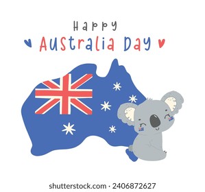 Happy Australia day koala with map cartoon baby animal with flag hand drawn Aussie charm, perfect for Australia Day festivities Nation Day.