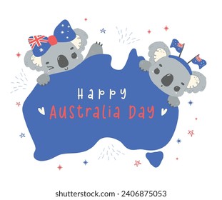 Feliz día de Australia koalas con el mapa del animal bebé de dibujos animados con el encanto australiano dibujado a mano, perfecto para las festividades del Día de la Nación en Australia.