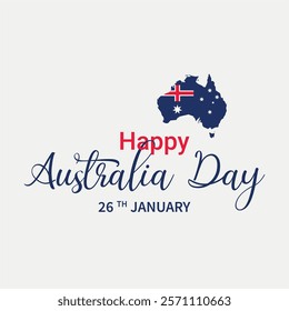 Happy Australia Day lettering, calligraphy. Map of Australia with flag. Vector illustration