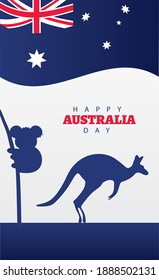 happy australia day lettering with flag and kangaroo and koala vector illustration design