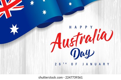 Alles Gute zum Australischen Tag mit Fahne auf Holzplanken. Kalligrafische Australische Tag Typografie für Grußkarten oder Poster Design. Vektorgrafik 