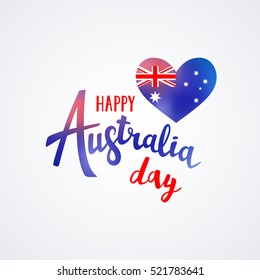 Happy Australia day lettering with flag on a heart. Vector illustration