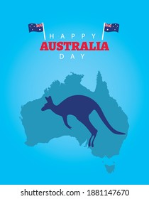 happy australia day lettering with flags and kangaroo in map vector illustration design