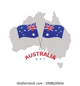 happy australia day lettering with flags and silhouette of map vector illustration design