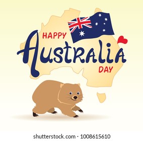 Happy Australia Day lettering. Greeting card with cartoon wombat. Flag of Australia. Vector cartoon flat illustration.