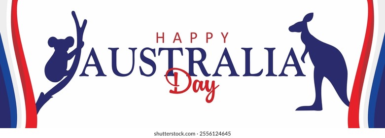 Happy Australia Day lettering with kangaroo and koala silhouettes, and national flag elements. Isolated on white background. Vector illustration.