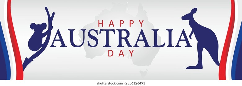 Happy Australia Day lettering with kangaroo, koala, and Australia map. Calligraphic Australia Day typography with national flag elements for greeting card or poster design. Vector illustration.