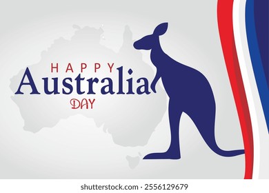 Happy Australia Day lettering with kangaroo silhouettes, national flag elements and Australia map. Isolated on silver background. Vector illustration.