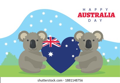 happy australia day lettering with koalas and flag in heart vector illustration design
