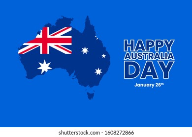Happy Australia day lettering. Map of Australia with flag. Vector illustration